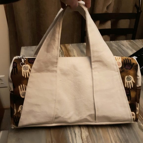 Hamsa Hands Boho vibe Purse Double handle Brown Pink print Ivory denim 12x8x5" - Picture 4 of 8